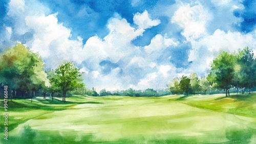 ゴルフ場の景色の水彩画_3