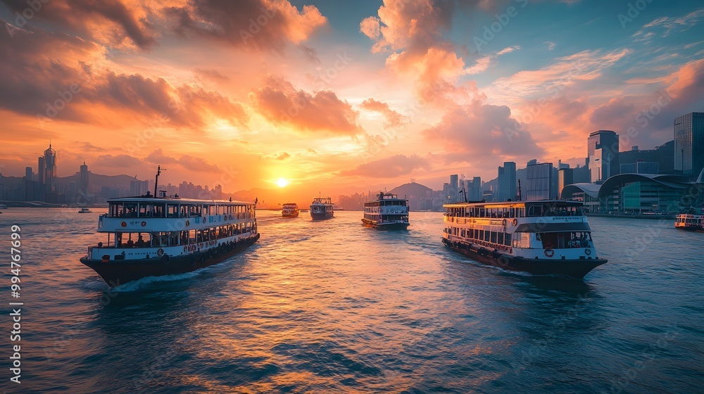 Sunset over Hong Kong Harbour with Ferry Boats Sunset over Hong Kong Harbour with Ferry Boats