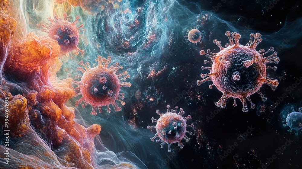 Microscopic View of a Virus in Space: A Scientific Illustration Microscopic View of a Virus in Space: A Scientific Illustration