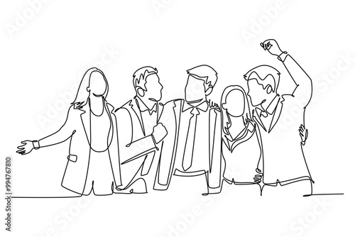 Continuous one line drawing group of businessman and woman hugging together to celebrate their success achieve the business target. Team work goal. Single line draw design vector graphic illustration