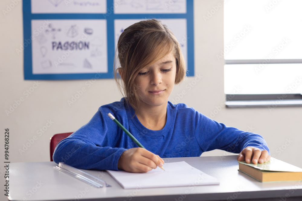 In school, boy writing in notebook at desk, focusing on her work In school, boy writing in notebook at desk, focusing on her work