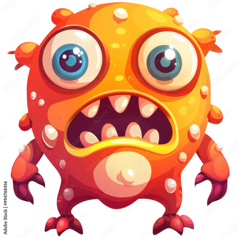 Fototapeta premium A cartoon orange monster with big blue eyes and sharp teeth, looking scared and surprised.