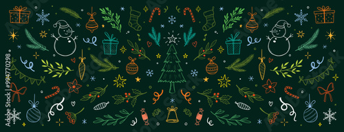 Christmas drawn holly line decor, pine branch, snowflake background. Hand drawn doodle sketch holly floral, christmas tree leaves, winter pine. Holiday ornament sketch doodle. Vector illustration