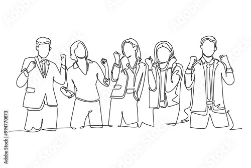 Single continuous line drawing group of happy CEO and his colleagues celebrating their successful to achieving company business target. Team work goal. One line draw graphic design vector illustration