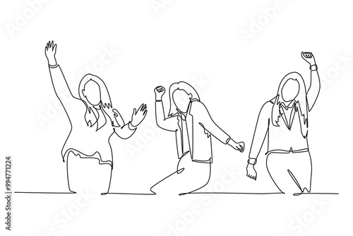 Single one line drawing of young startup founders and business CEO raised their fist into the air to celebrate successful funding from investor. Continuous line draw design graphic vector illustration