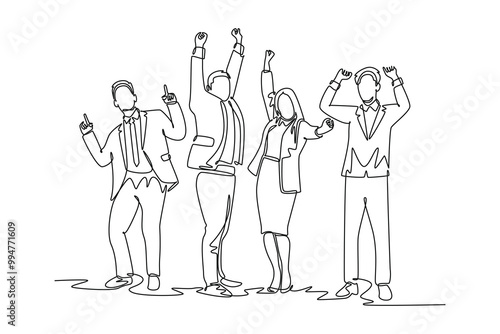 Single one line drawing young happy male and female trainer prancing with joy at seminar room together. Business teamwork celebration concept. Continuous line draw design graphic vector illustration