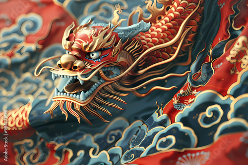 Wallpaper Mural A vibrant, intricately designed dragon illustration in shades of red and gold, exuding power and grace amidst swirling clouds. Torontodigital.ca