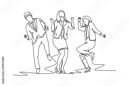 Single one line drawing young happy male and female company founder jumping at the meeting room together. Business teamwork celebration concept. Continuous line draw design graphic vector illustration
