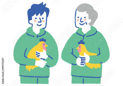 Father and son in work clothes holding chickens_Color
