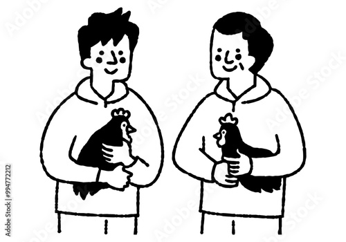 Father and son in work clothes holding chickens_2