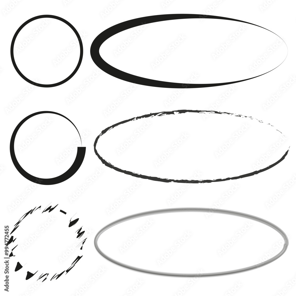 Oval frame set. Circular outline graphics. Grunge oval shapes. Vector frame elements. Oval frame set. Circular outline graphics. Grunge oval shapes. Vector frame elements.