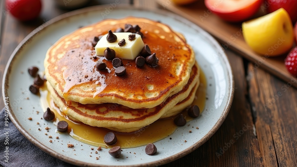 Chocolate Chip Pancakes with Fresh Fruit on a Rustic Table Chocolate Chip Pancakes with Fresh Fruit on a Rustic Table