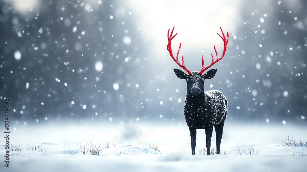 Black deer with red antlers standing in snowy forest Black deer with red antlers standing in snowy forest