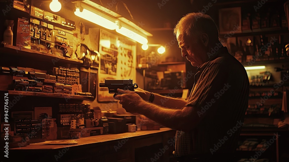 Man Handling Firearm in Dimly Lit Workshop Man Handling Firearm in Dimly Lit Workshop