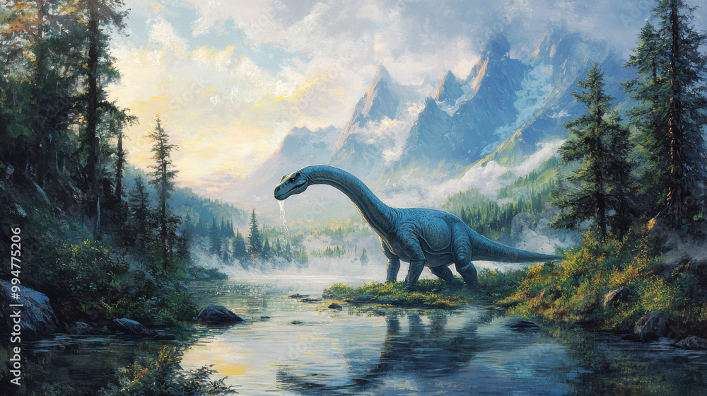 Fototapeta premium An elegant Diplodocus gracefully drinking water from a calm prehistoric lake, its long neck arched towards the clear, reflective surface