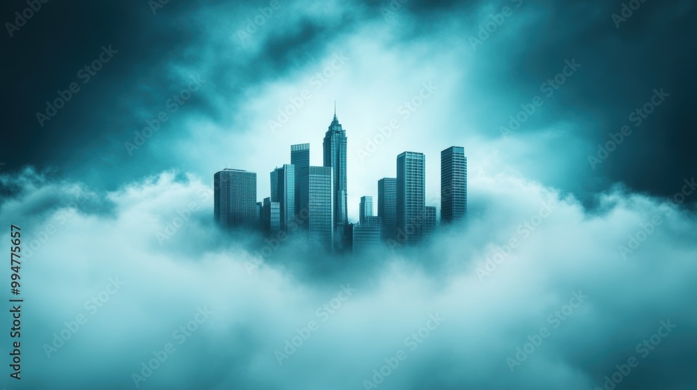 Fototapeta premium A mysterious and atmospheric view of a city skyline partially obscured by fog, creating a sense of intrigue and wonder.