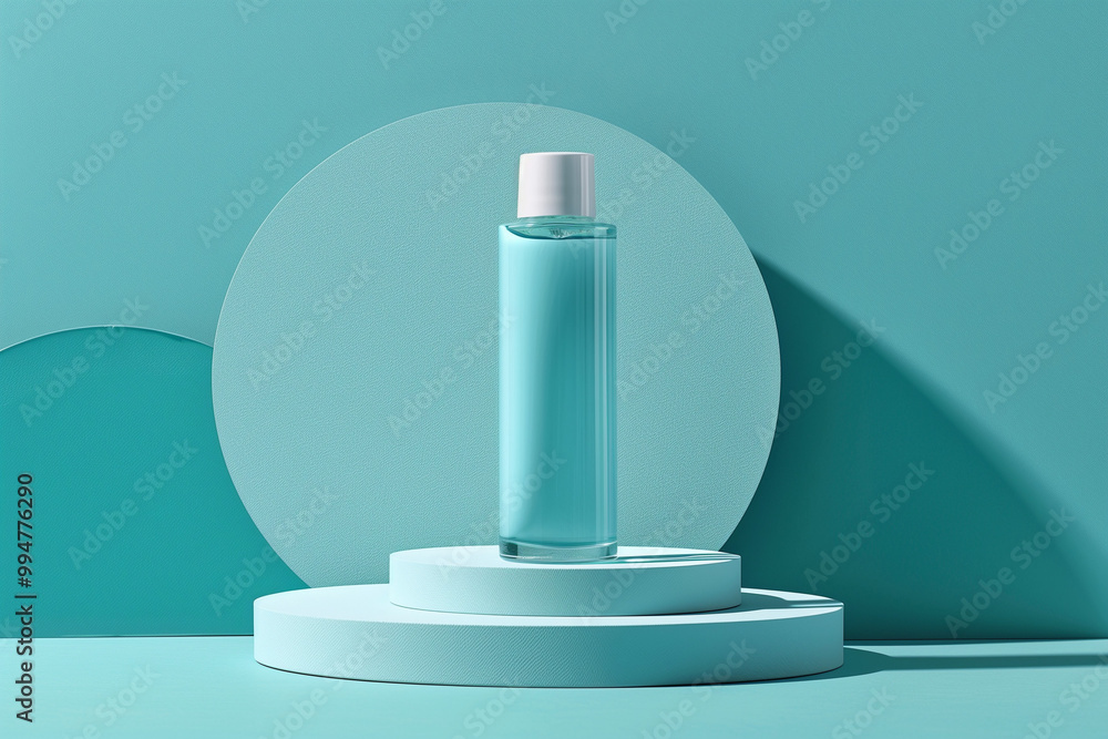 bottle with serum, lotion, oil on blue background. close up product shot. cosmetic product on the podium. AI Generated bottle with serum, lotion, oil on blue background. close up product shot. cosmetic product on the podium. AI Generated