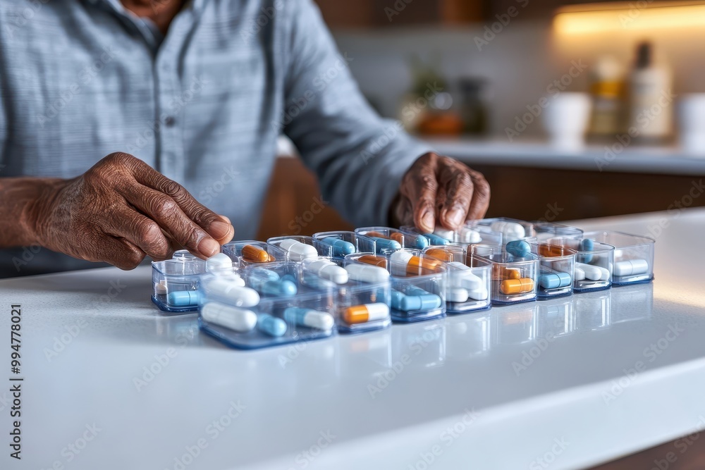Close-up of elderly man managing diabetes medication at home Close-up of elderly man managing diabetes medication at home