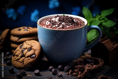 Hot chocolate with whipped cream and cookies in blue mug photo