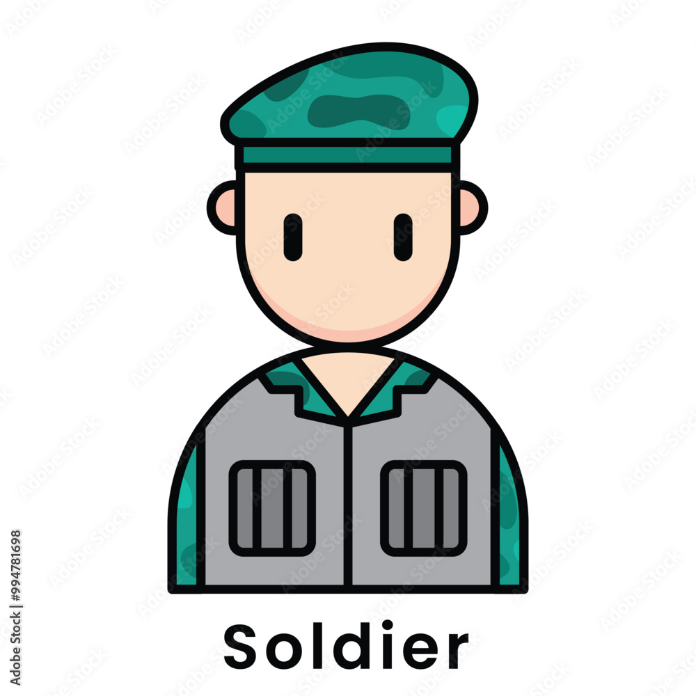 avatar character soldier cartoon design style, Editable vector stroke outline. avatar character soldier cartoon design style, Editable vector stroke outline.