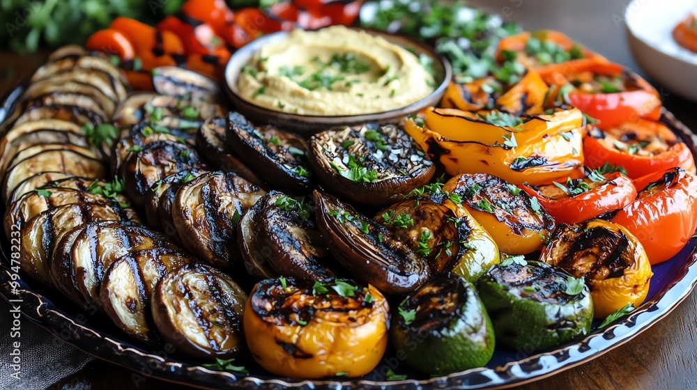 A colorful platter of grilled mushrooms, peppers, and eggplant, served with hummus, grilled vegetable platter, vegetarian appetizer A colorful platter of grilled mushrooms, peppers, and eggplant, served with hummus, grilled vegetable platter, vegetarian appetizer