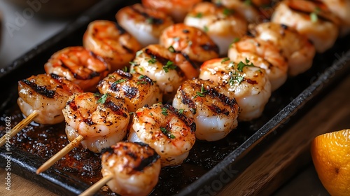 A selection of grilled seafood skewers, including shrimp, scallops, and calamari, served with garlic butter, seafood barbecue skewers, ocean feast