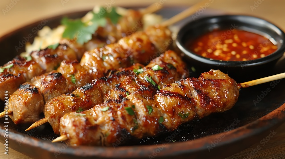 A sizzling plate of grilled pork skewers with dipping sauces on the side, grilled pork skewers, Thai street food A sizzling plate of grilled pork skewers with dipping sauces on the side, grilled pork skewers, Thai street food