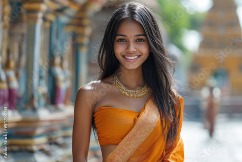 Indonesian woman wearing saree traditional cloth smile at Hindu temple photo