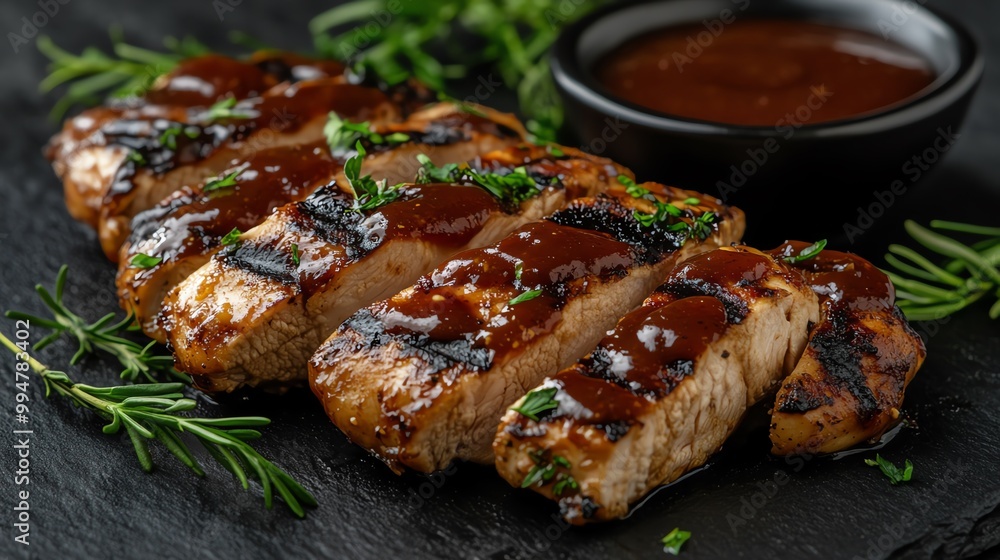 Grilled chicken breast slices served with a smoky barbecue sauce, grilled chicken breast, classic barbecue