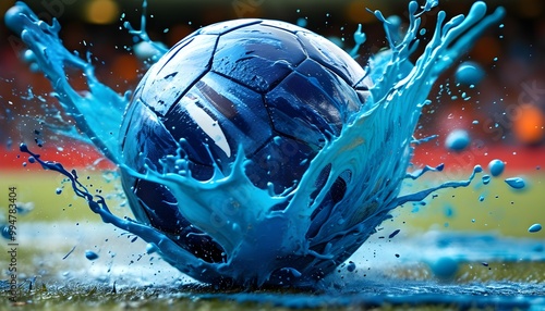 Vibrant soccer scene with dynamic blue paint splashes around an energetic ball photo