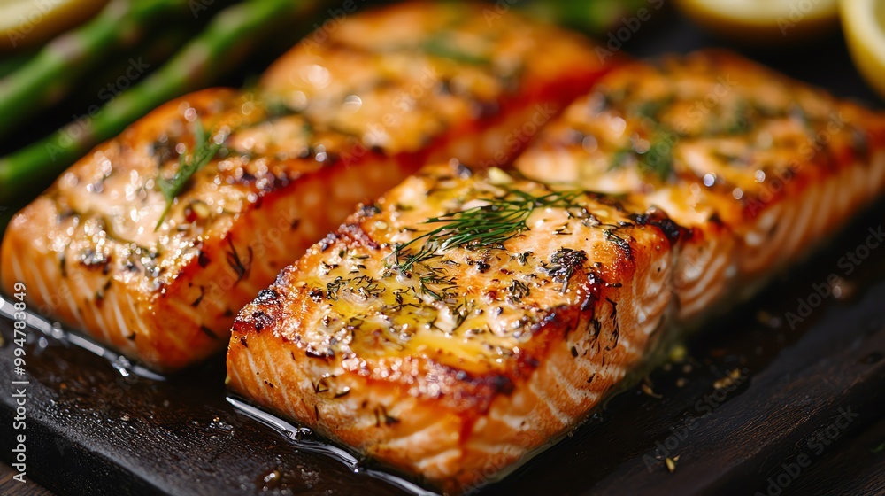 Grilled salmon fillets with a dill and lemon dressing, served with asparagus, grilled salmon, gourmet barbecue Grilled salmon fillets with a dill and lemon dressing, served with asparagus, grilled salmon, gourmet barbecue