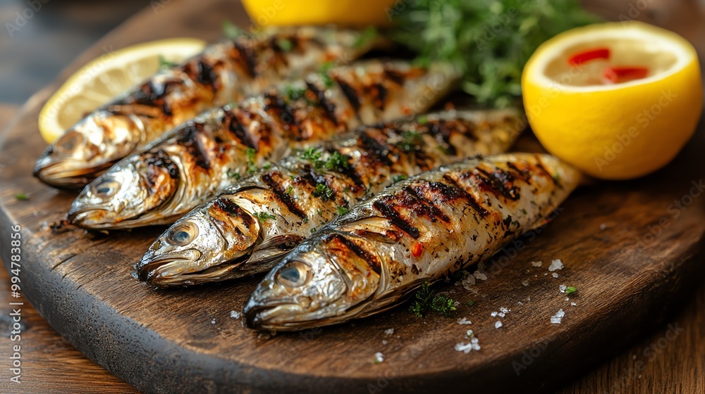 Grilled sardines served with lemon and olive oil on a rustic board, grilled sardines, Mediterranean appetizer Grilled sardines served with lemon and olive oil on a rustic board, grilled sardines, Mediterranean appetizer