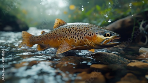 Brown Trout Leaping in a Stream: A Close-Up of Nature's Beauty