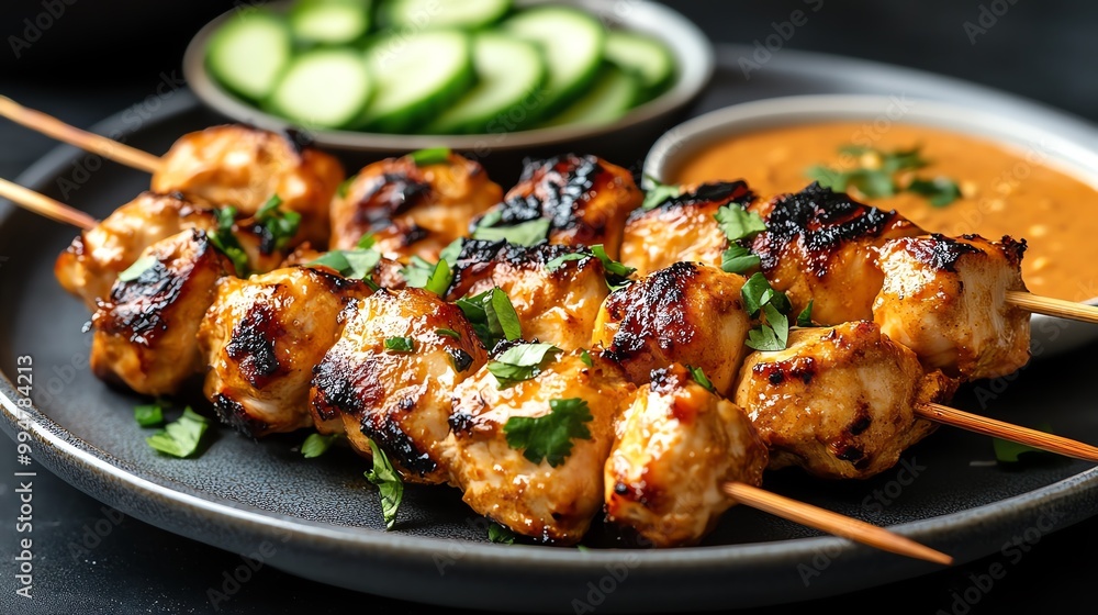 Skewers of grilled chicken satay with peanut sauce, served with cucumber relish, grilled chicken satay, Thai appetizer Skewers of grilled chicken satay with peanut sauce, served with cucumber relish, grilled chicken satay, Thai appetizer