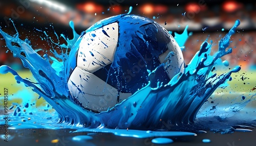 Vibrant soccer scene with dynamic blue paint splashes around an energetic ball photo