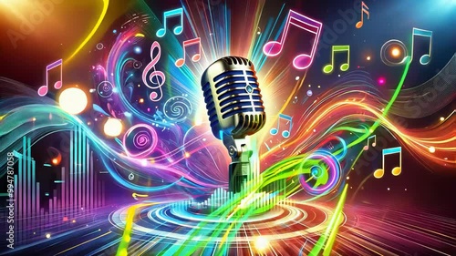 Vibrant Microphone with Colorful Music Notes and Waves, microphone illuminated by vibrant neon music notes and swirling sound waves