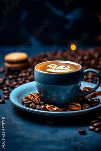 Latte with cookies in a blue-themed setting photo