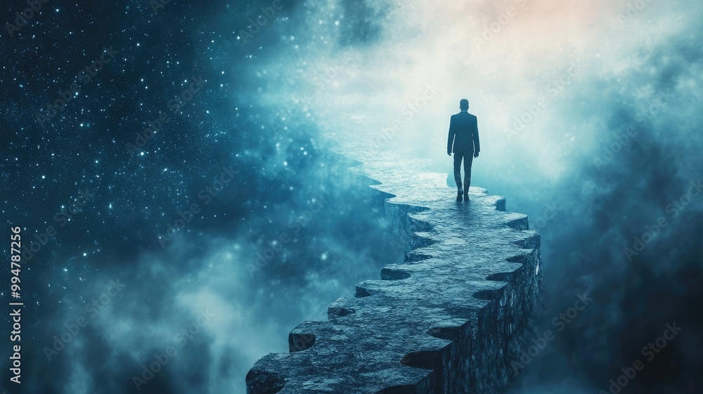 Silhouetted person walking on path amidst cosmic background Silhouetted person walking on path amidst cosmic background