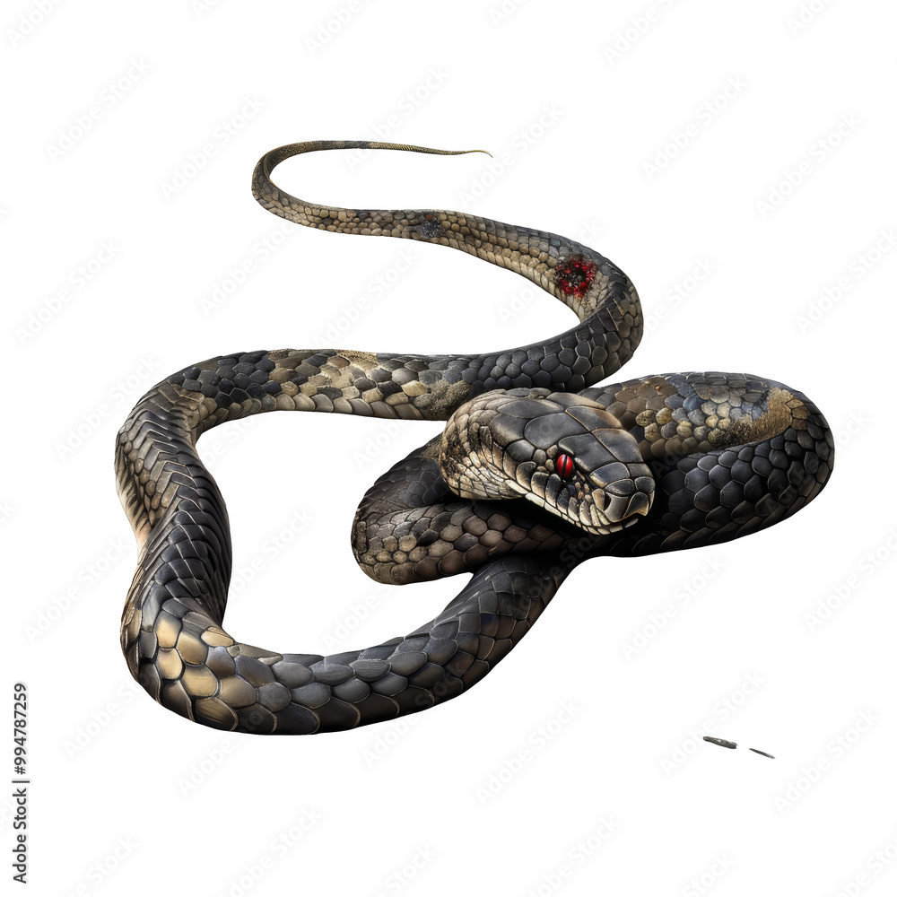 A close-up of a black snake with red eyes coiled in a defensive position. A close-up of a black snake with red eyes coiled in a defensive position.