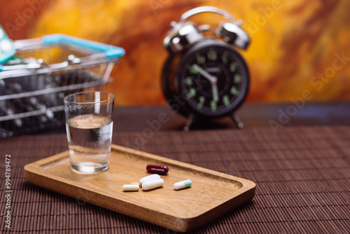 Assorted pills on wooden tray with water, alarm clock, and medicine basket photo