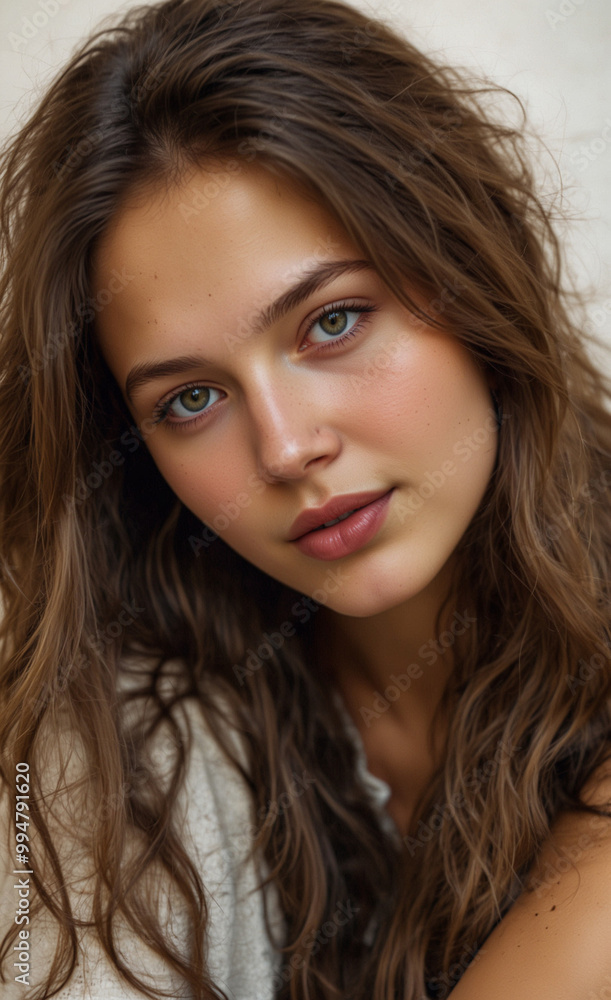 Obraz premium Close-up portrait of a young woman with long wavy brown hair, showing a soft and serene expression. Ideal for beauty, fashion, and lifestyle projects, with natural light and a minimalist background.
