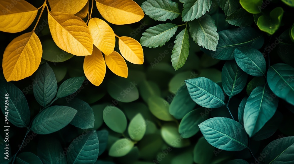 Green and yellow leaves arranged in a pattern, creating a natural backdrop. Green and yellow leaves arranged in a pattern, creating a natural backdrop.