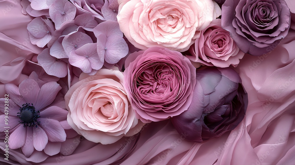 Close-up of delicate pink and purple flowers arranged on a soft fabric background. Close-up of delicate pink and purple flowers arranged on a soft fabric background.