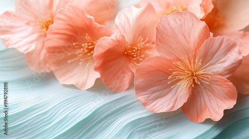 Close up of two fabric flowers, one blue and one peach, with a sparkling center.