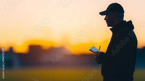 Silhouette of Coach Holding Notebook at Sunset on Sports Field
