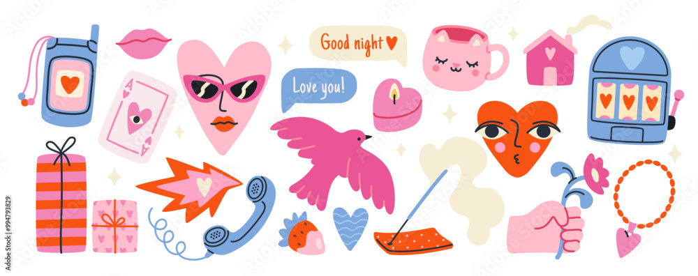 Valentines Day retro sticker set. Groovy hand drawn love elements with heart characters, pink dove, gift and romantic message. Flat vector illustration collection isolated on white background Valentines Day retro sticker set. Groovy hand drawn love elements with heart characters, pink dove, gift and romantic message. Flat vector illustration collection isolated on white background