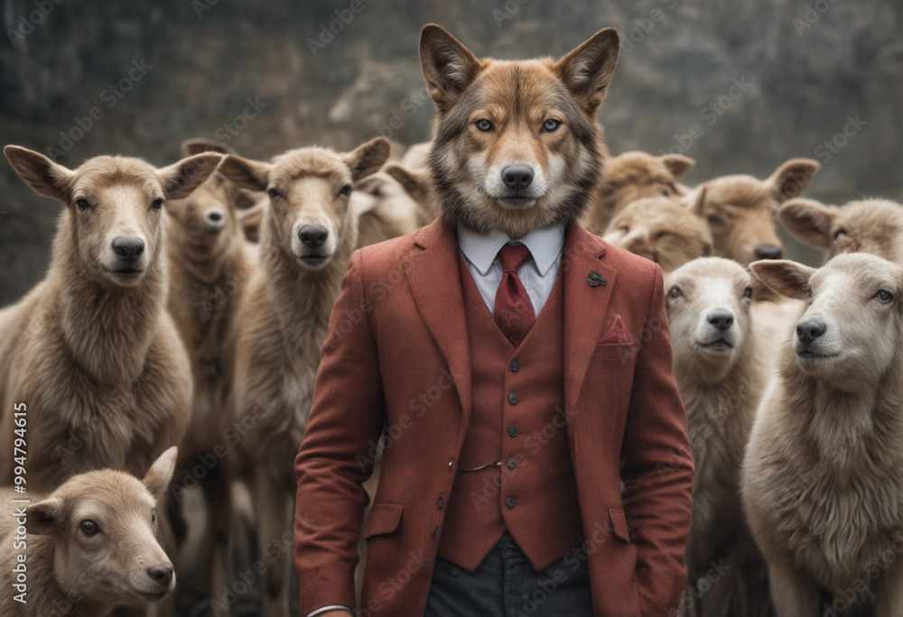 fancy wolf in a classic three-piece suit against the backdrop of a flock of sheep fancy wolf in a classic three-piece suit against the backdrop of a flock of sheep
