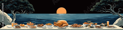 A peaceful Thanksgiving dinner table filled with various dishes, including turkey, set by the ocean during sunset, framed by trees and calm water.