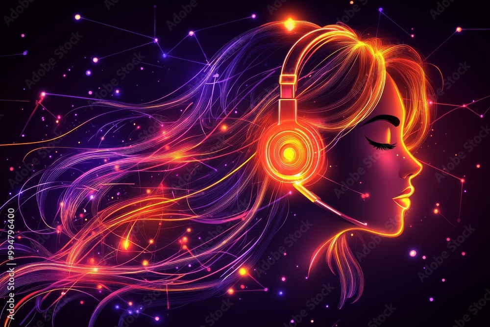 Obraz premium Glowing neon illustration of a woman with flowing hair and headphones symbolizing music creativity and digital connection in a vibrant world