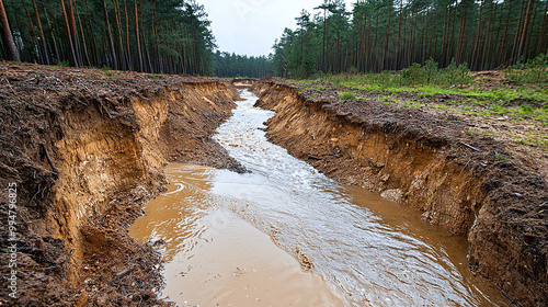 soil erosion in a deforested area, with muddy water flowing into a once-clear stream